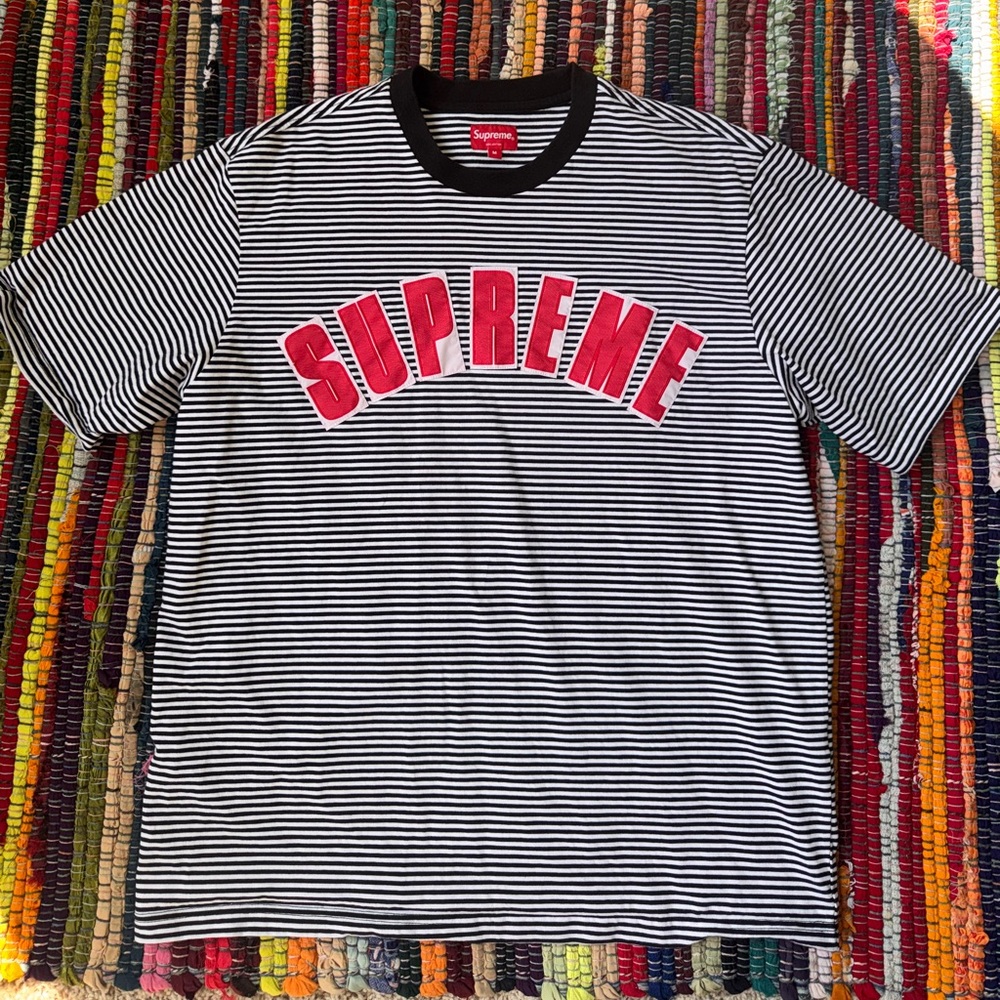 Supreme Black and White Striped Tee with Red Tag